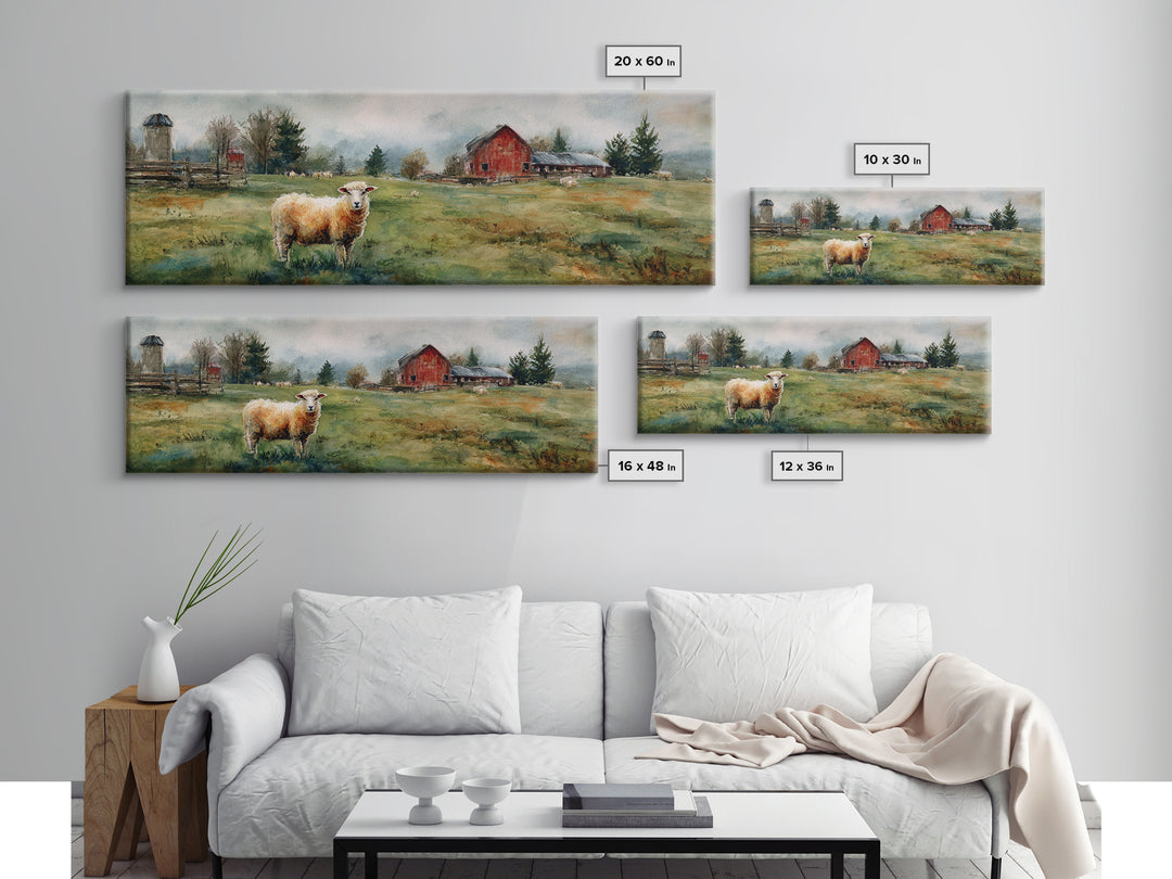 Watercolor Sheep in a Green Pasture Framed Canvas Print, Country Art, Printable Wall Art, Farmhouse Decor, Fine Art, Country, COU-3x1-87