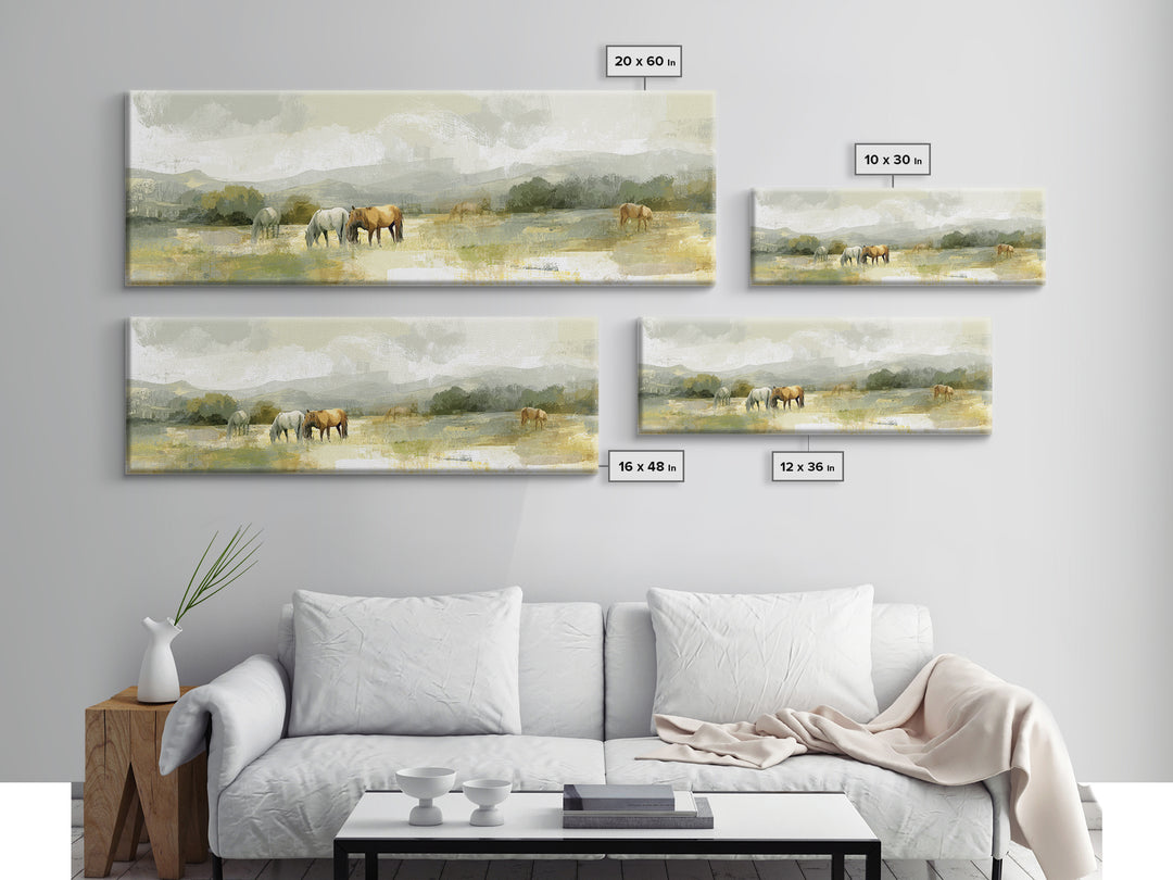 Rolling Pasture with Grazing Horses at Sunrise Canvas Print, Country Art, Landscape Wall Art, Farmhouse Decor, Country, COU-3x1-89