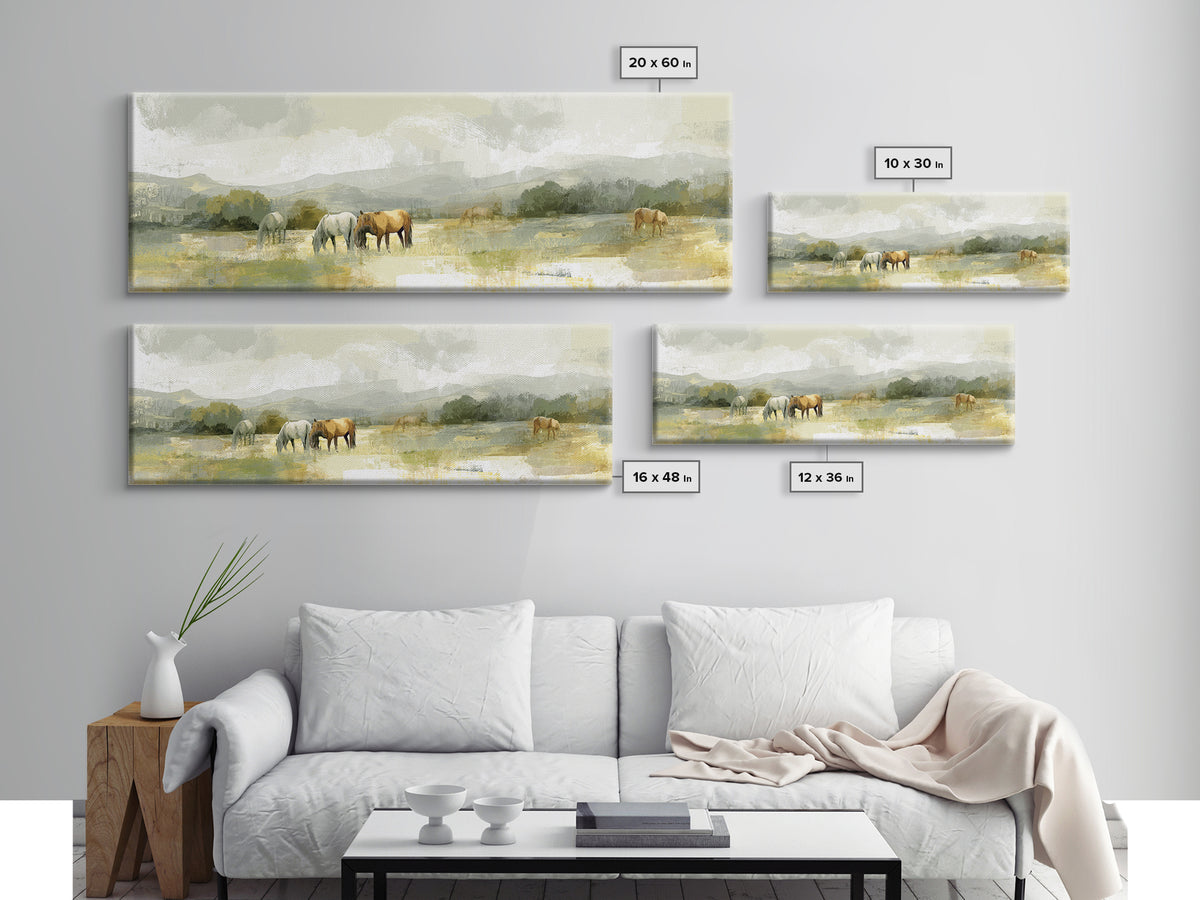 Rolling Pasture with Grazing Horses at Sunrise Canvas Print, Country Art, Landscape Wall Art, Farmhouse Decor, Country, COU-3x1-89