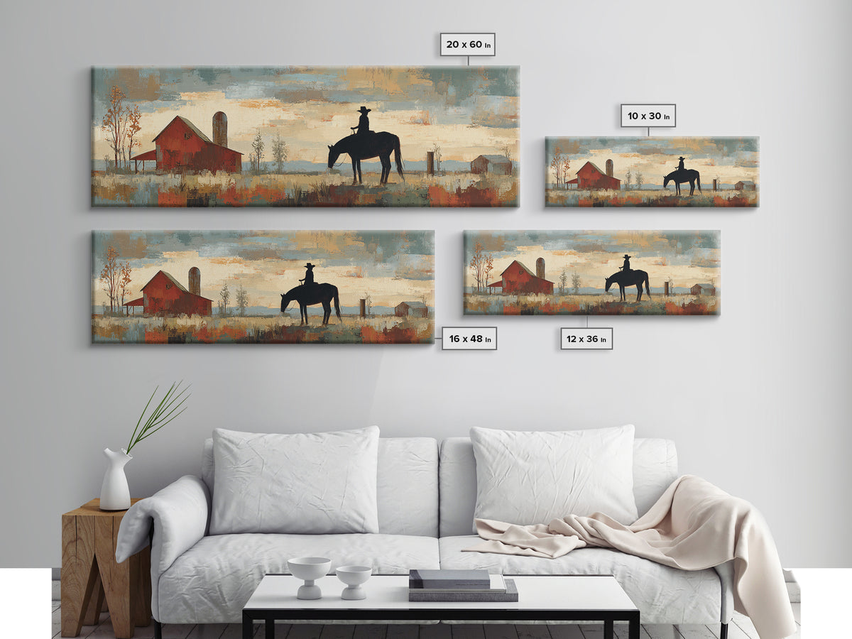 Horse and Rider Silhouette at Dusk Framed Canvas Print, Country Art, Digital Wall Art, Farmhouse Decor, Fine Art, Country, COU-3x1-9