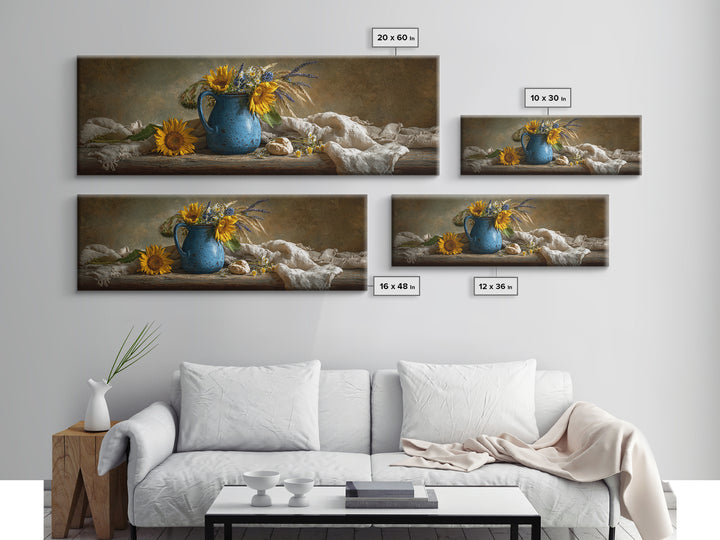 Sunflowers in a Blue Enamel Pitcher Canvas Print, Country Art, Wall Decor, Farmhouse Decor, Fine Art, Country, Wall Art, COU-3x1-96