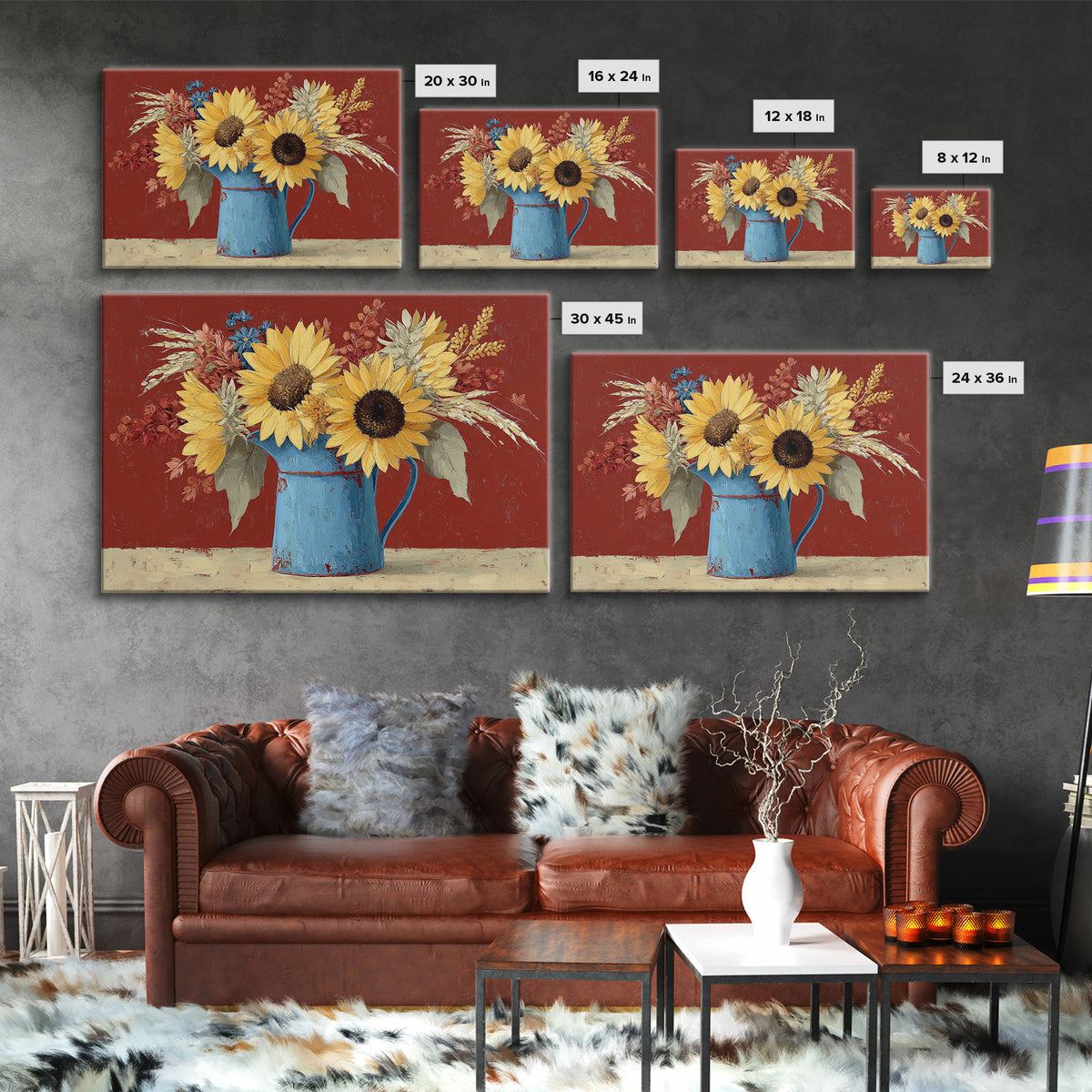 Sunflowers in a Blue Enamel Pitcher Canvas Print, Country Art, Digital Print, Farmhouse Decor, Oil Painting, Country, COU-3x2-12