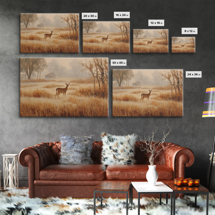 Deer Crossing a Misty Morning Field Framed Canvas Print, Country Art, Oil Painting, Farmhouse Decor, Fine Art, Country, COU-3x2-15