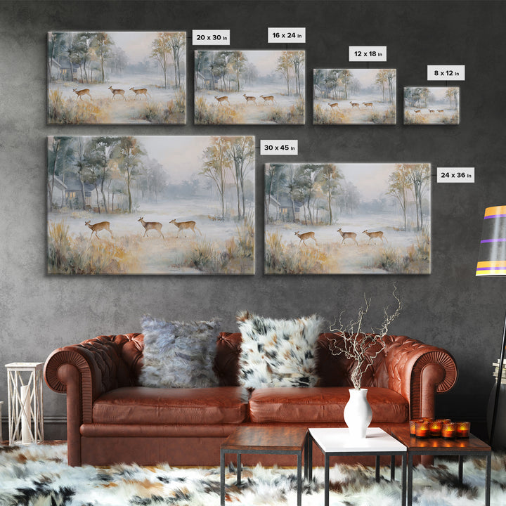 Deer Crossing a Misty Morning Field Framed Canvas Print, Country Art, Wall Decor, Farmhouse Decor, Fine Art, Country, COU-3x2-39