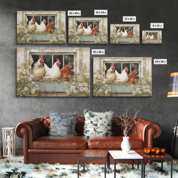Chickens Pecking Near Garden Flowers Canvas Print, Country Art, Printable Art, Farmhouse Decor, Watercolor Art, Country, COU-3x2-42