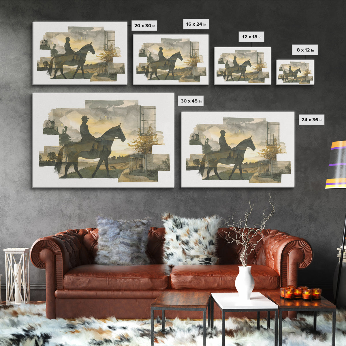 Horse and Rider Silhouette at Dusk Framed Canvas Print, Country Art, Landscape Painting, Farmhouse Decor, Fine Art, Country, COU-3x2-45