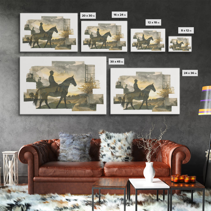 Horse and Rider Silhouette at Dusk Framed Canvas Print, Country Art, Landscape Painting, Farmhouse Decor, Fine Art, Country, COU-3x2-45