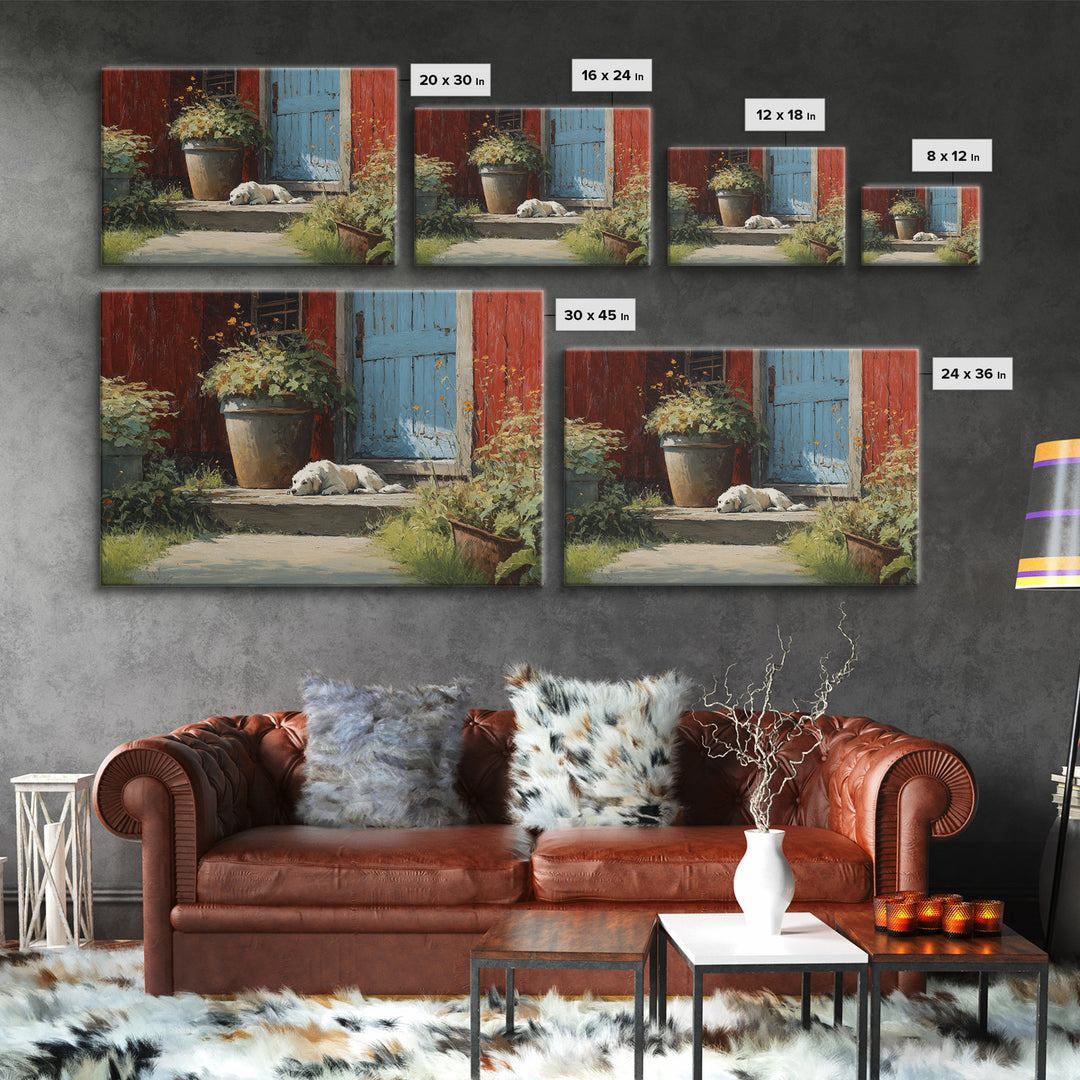 Dog Resting Beside a Porch Flower Pot Framed Canvas Print, Country Art, Farmhouse Decor, Fine Art, Country, Gallery Wall Art, COU-3x2-50