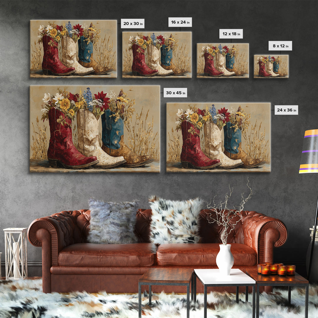 Weathered Boots with Wildflowers Tucked Inside Canvas Print, Country Art, Wall Decor, Farmhouse Decor, Oil Painting, Country, COU-3x2-68