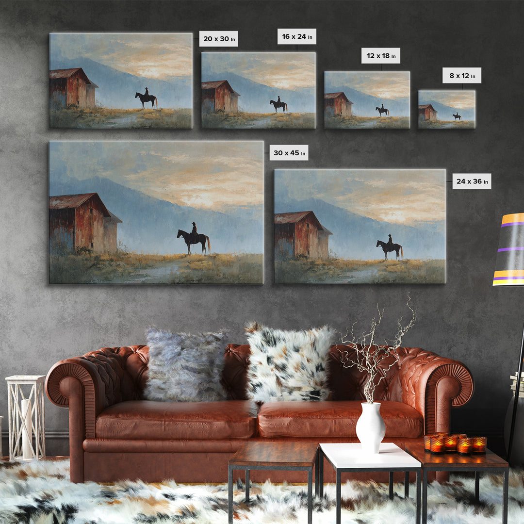 Horse and Rider Silhouette at Dusk Framed Canvas Print, Country Art, Landscape Painting, Farmhouse Decor, Fine Art, Country, COU-3x2-69