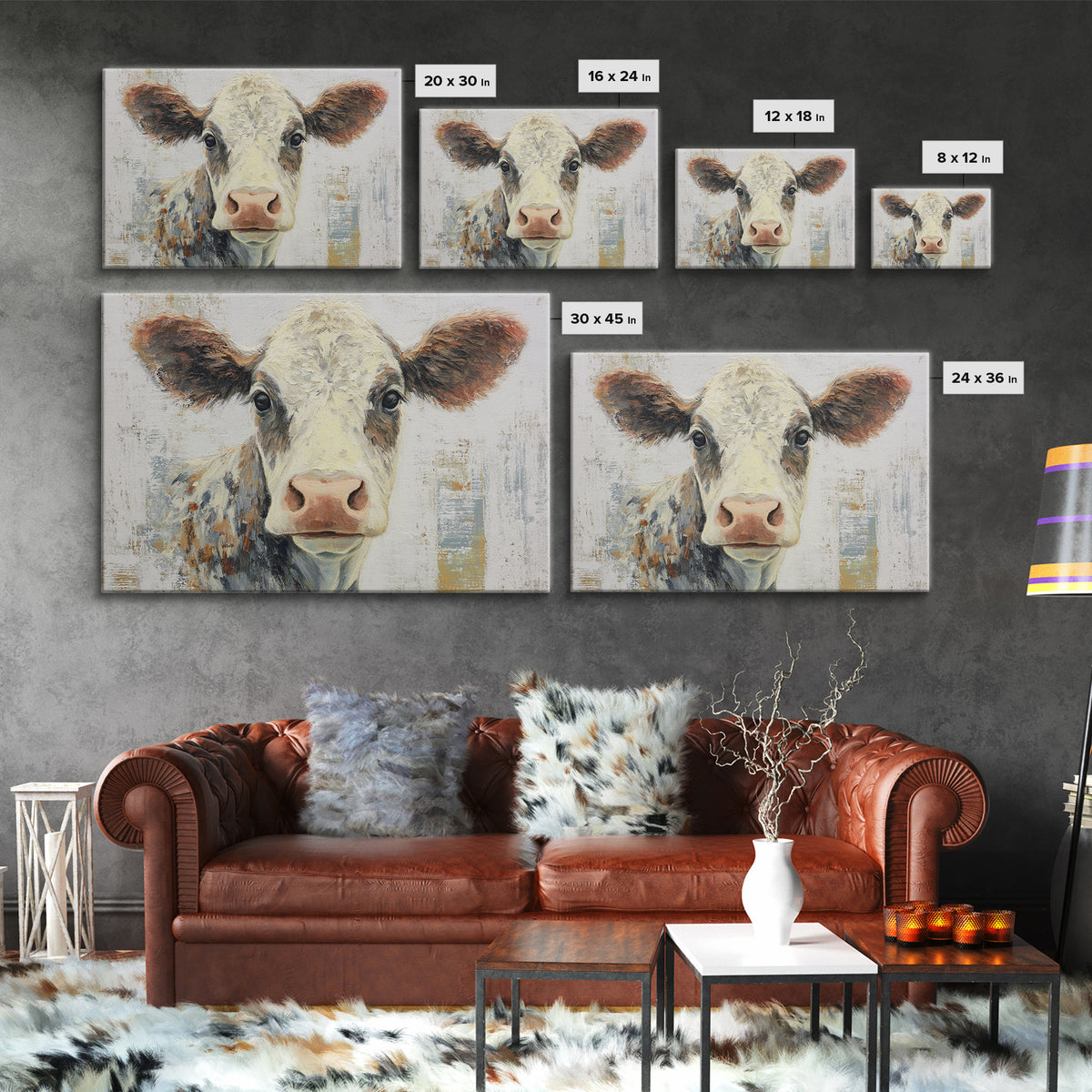 Cow Portrait with Gentle Farmhouse Personality Framed Canvas Print, Country Art, Large Wall Art, Farmhouse Decor, Country, COU-3x2-8