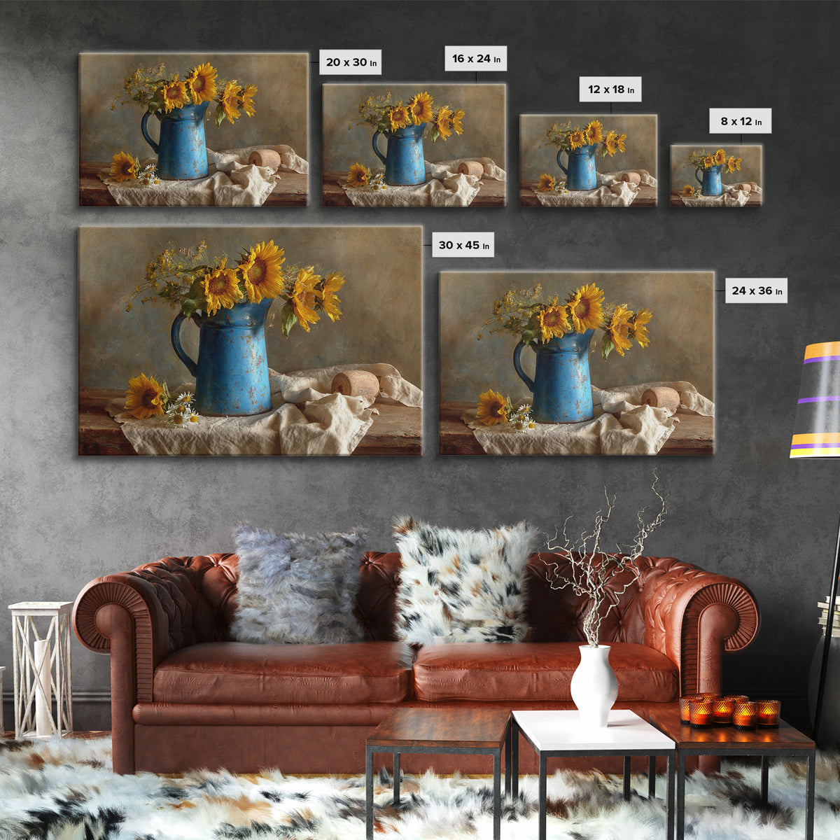 Sunflowers in a Blue Enamel Pitcher Canvas Print, Country Art, Statement Artwork, Farmhouse Decor, Fine Art, Country, COU-3x2-84