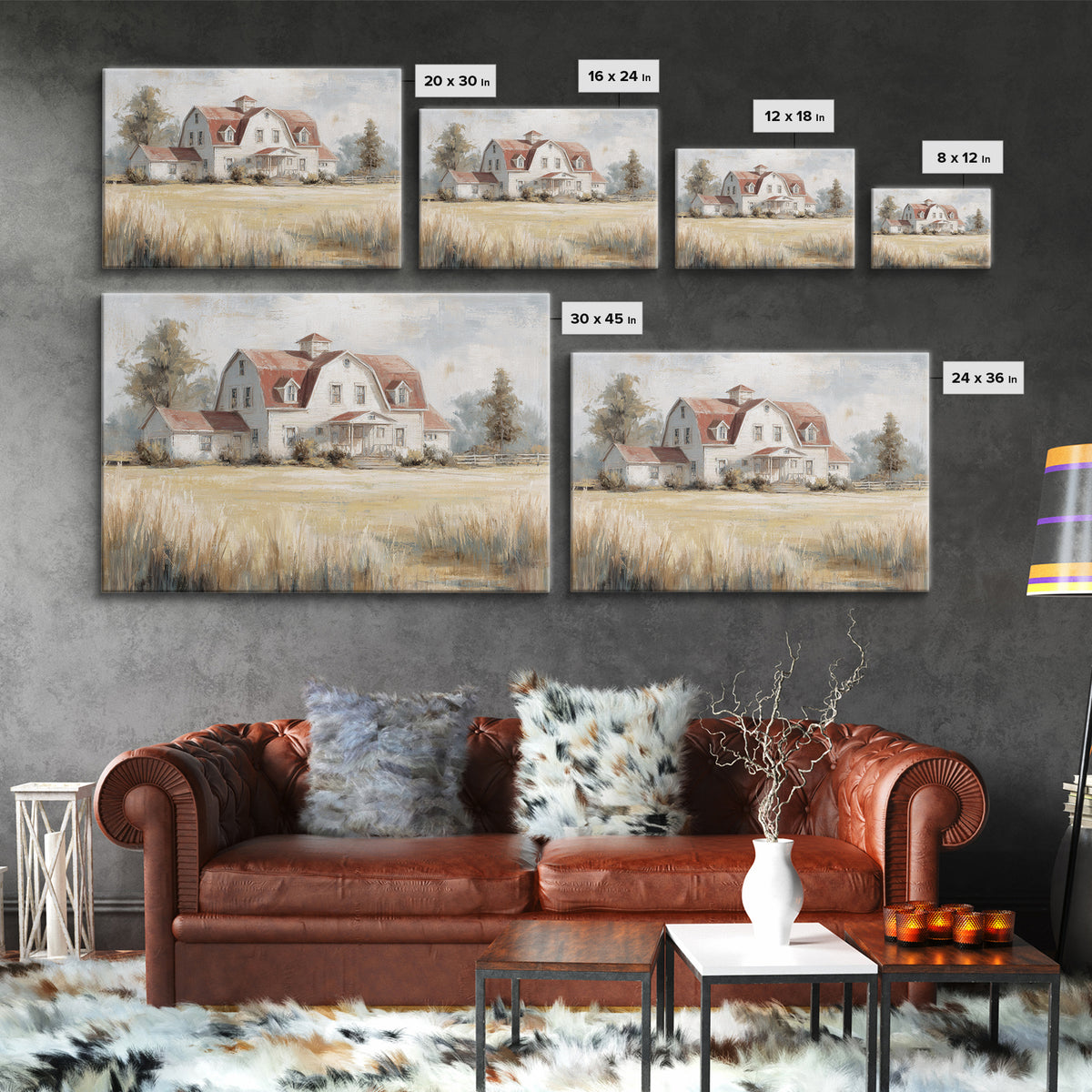 White Farmhouse Surrounded by Tall Grass Framed Canvas Print, Country Art, Watercolor Painting, Farmhouse Decor, Country, COU-3x2-86