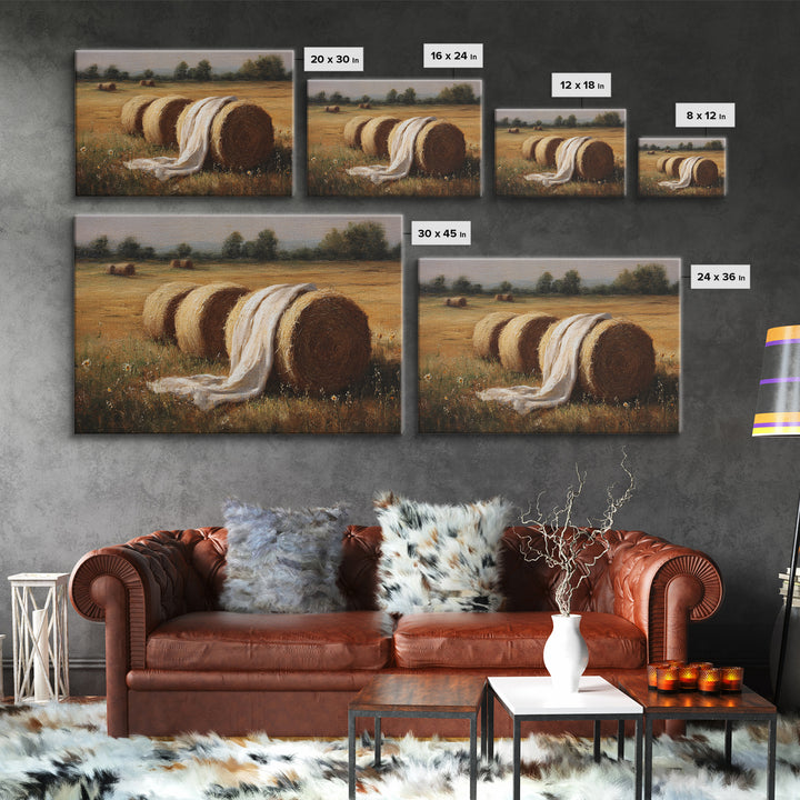 Hay Bales in Late Afternoon Sun Framed Canvas Print, Country Art, Luxury Decor, Farmhouse Decor, Fine Art, Country, COU-3x2-96