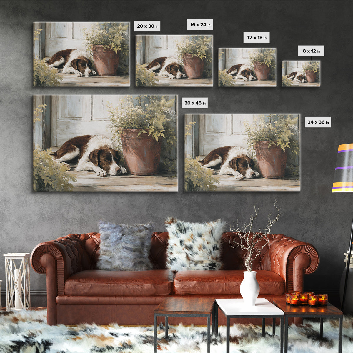 Dog Resting Beside a Porch Flower Pot Canvas Print, Country Art, Digital Art Prints, Farmhouse Decor, Oil Painting, Country, COU-3x2-98