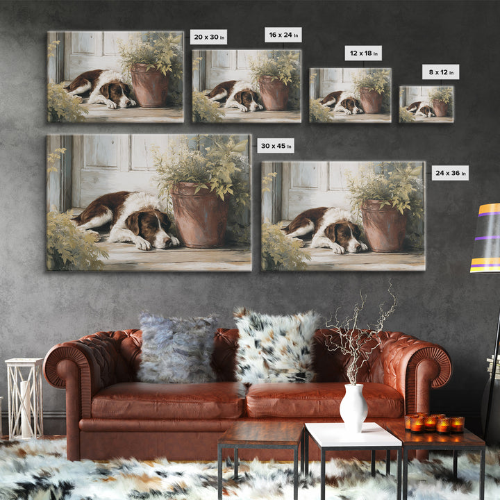 Dog Resting Beside a Porch Flower Pot Canvas Print, Country Art, Digital Art Prints, Farmhouse Decor, Oil Painting, Country, COU-3x2-98