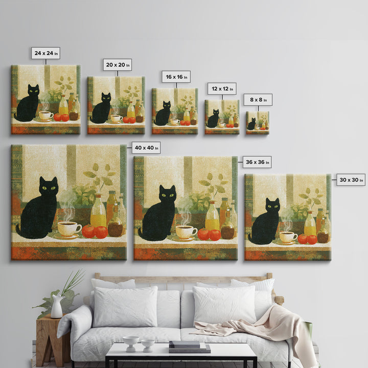 Black Cat Beside a Steaming Cup Canvas Print, Coffee Shop Art, Moody Wall Art, Cafe Decor, Fine Art, Cafe, Luxury Decor, CSA-1x1-14