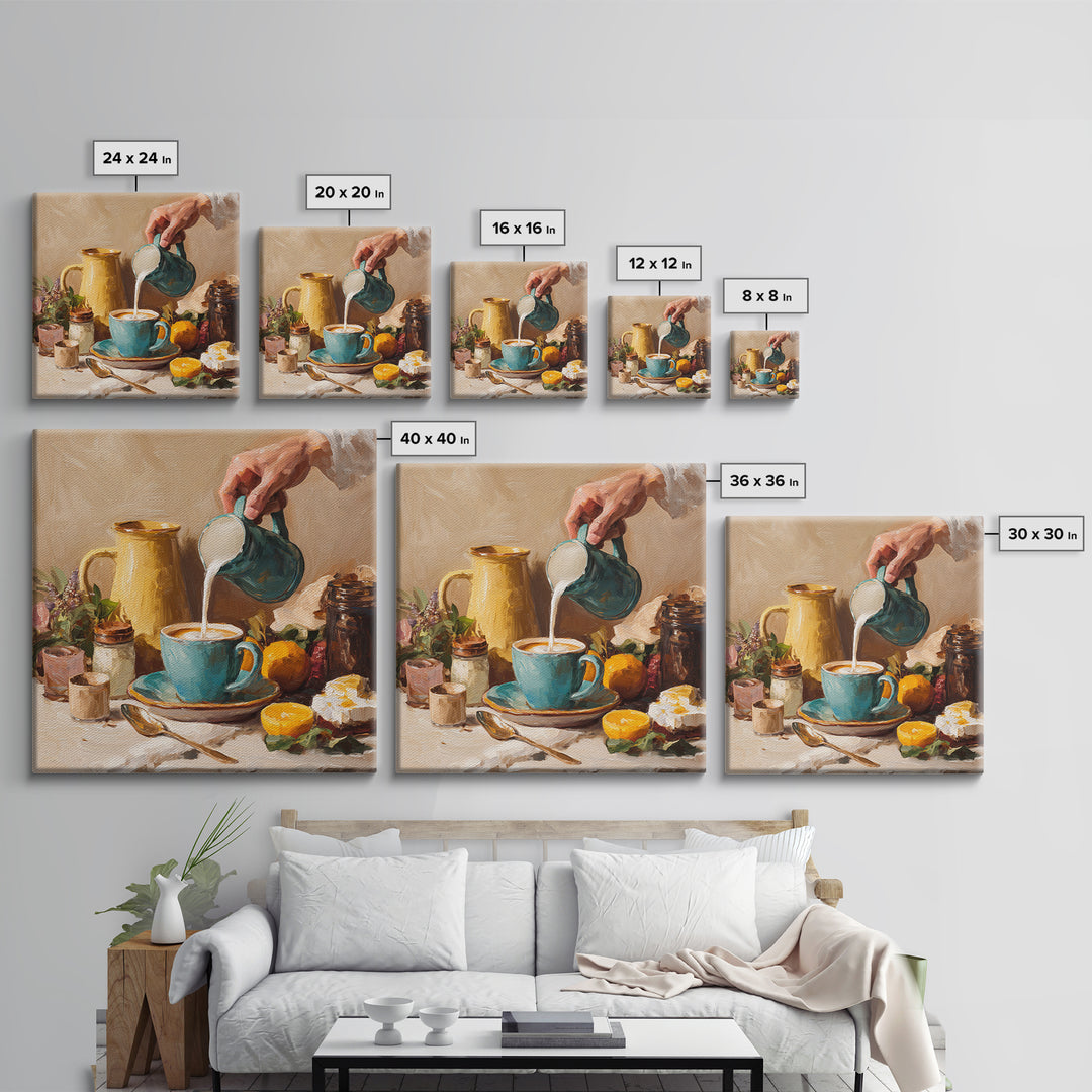 Barista Hands Pouring Milk into Espresso Framed Canvas Print, Coffee Shop Art, Neutral Decor, Cafe Decor, Fine Art, Cafe, CSA-1x1-21