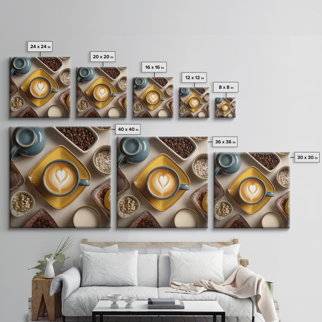 Latte Art Heart Seen from Above Framed Canvas Print, Coffee Shop Art, Digital Wall Art, Cafe Decor, Oil Painting, Cafe, CSA-1x1-28