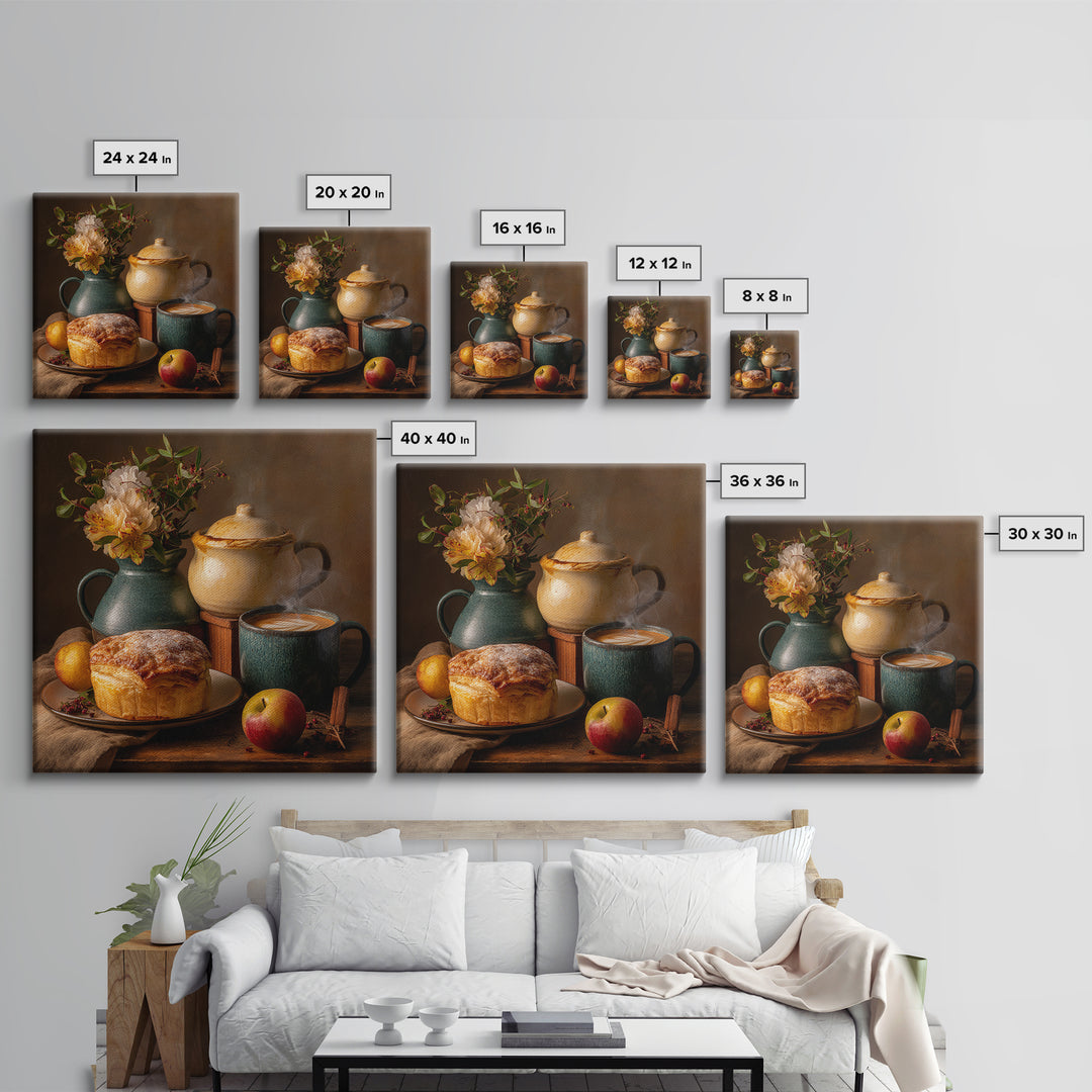 Sunlit Pastry and Coffee Arrangement Framed Canvas Print, Coffee Shop Art, Kitchen Wall Decor, Cafe Decor, Oil Painting, Cafe, CSA-1x1-43
