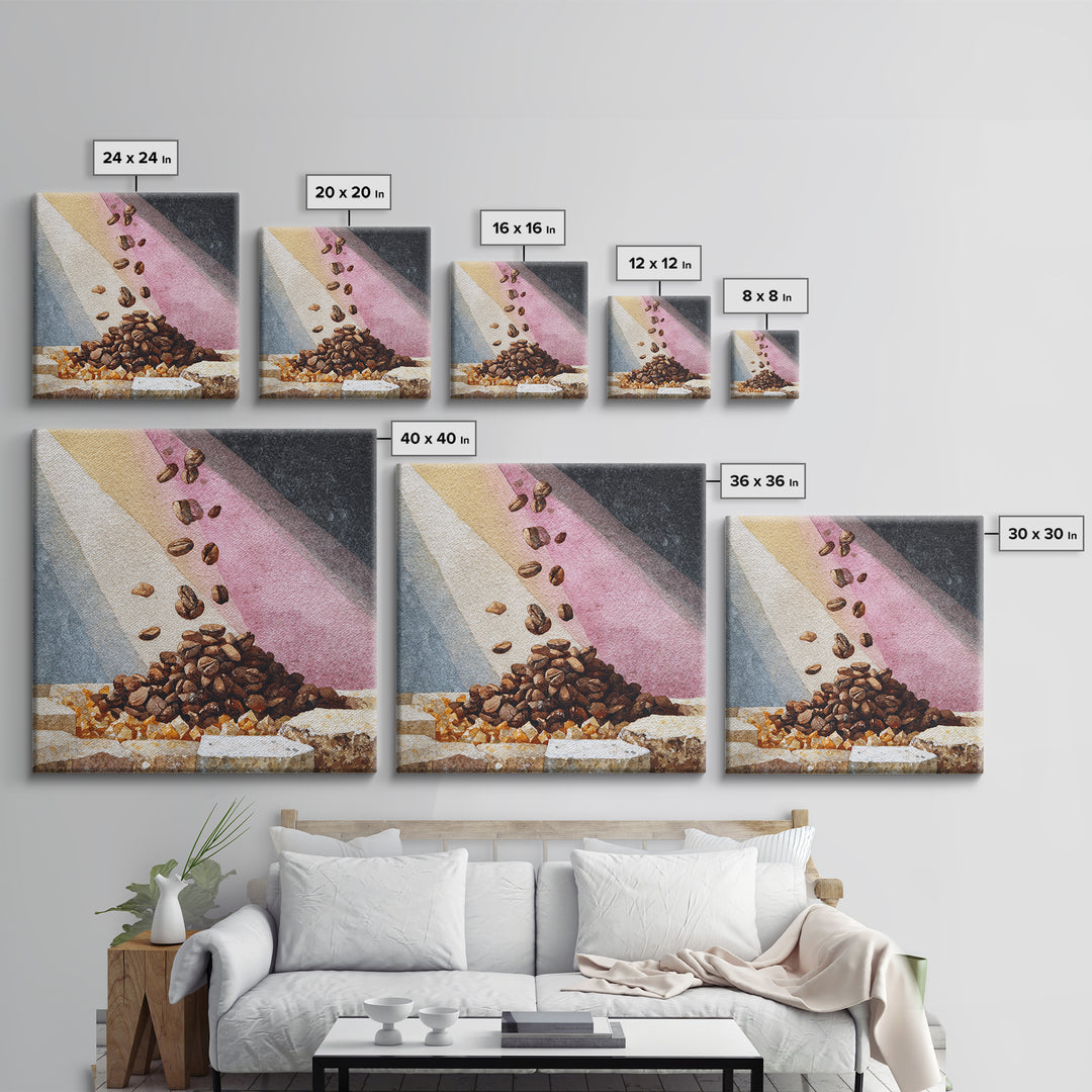 Roasted Beans Falling Through Dark Space Framed Canvas Print, Coffee Shop Art, Kitchen Wall Art, Cafe Decor, Fine Art, Cafe, CSA-1x1-44