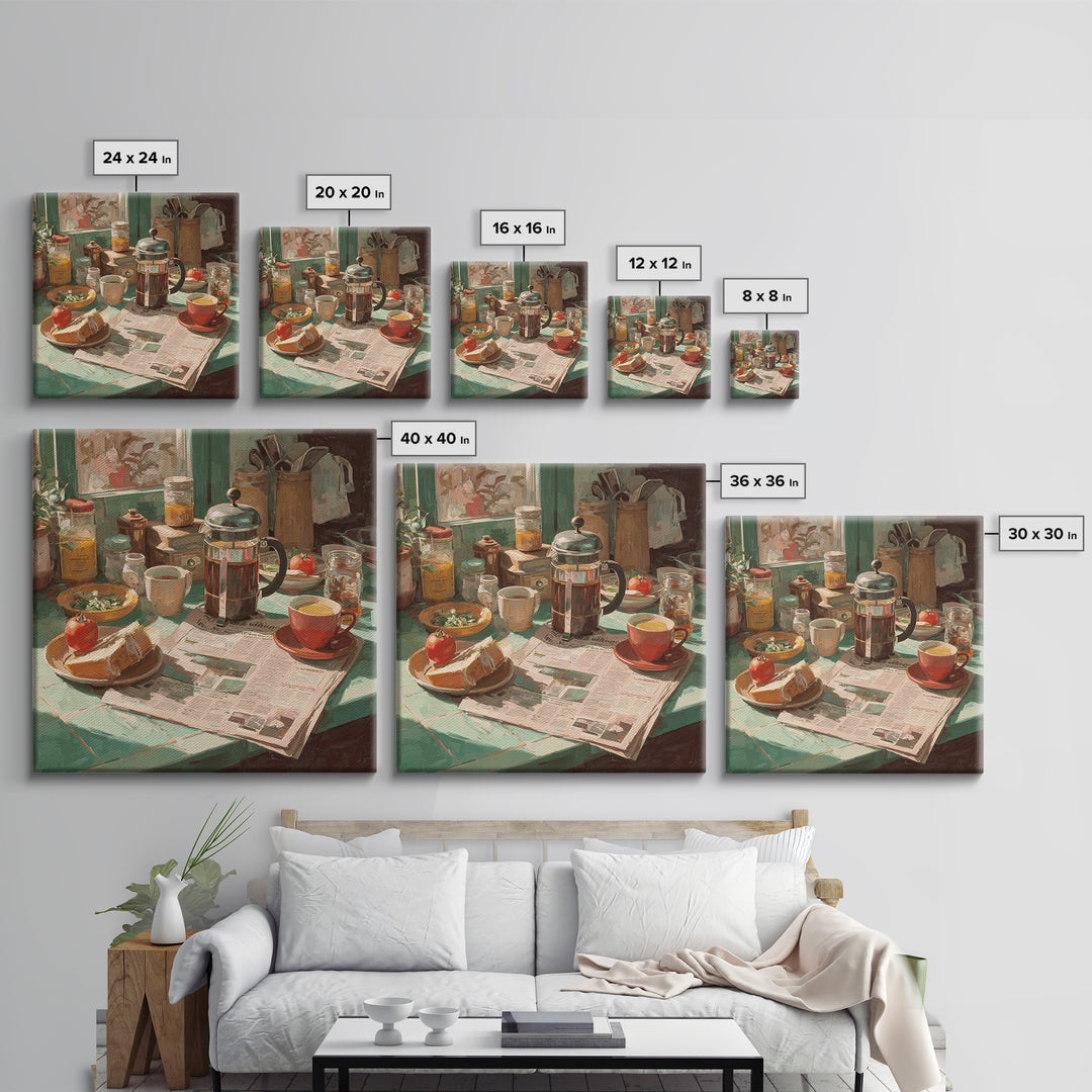 French Press and Morning Newspaper Without Readable Canvas Print, Coffee Shop Art, Coffee Wall Art, Cafe Decor, Cafe, CSA-1x1-58