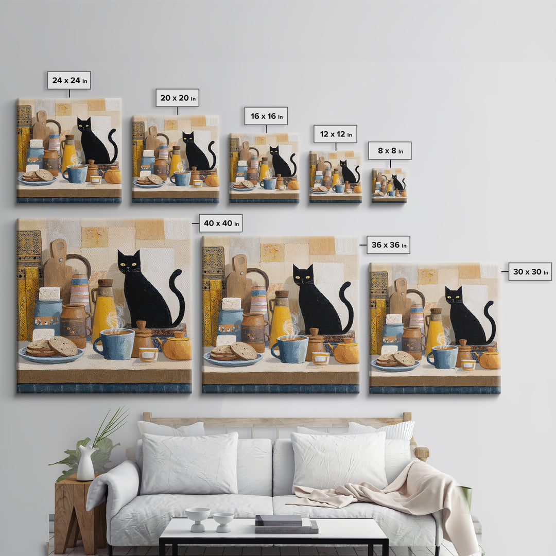 Black Cat Beside a Steaming Cup Framed Canvas Print, Coffee Shop Art, Gallery Decor, Cafe Decor, Fine Art, Cafe, Wall Art, CSA-1x1-62
