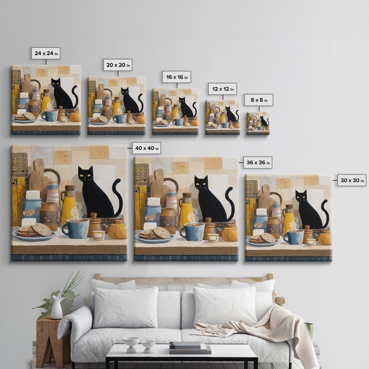 Black Cat Beside a Steaming Cup Framed Canvas Print, Coffee Shop Art, Gallery Decor, Cafe Decor, Fine Art, Cafe, Wall Art, CSA-1x1-62