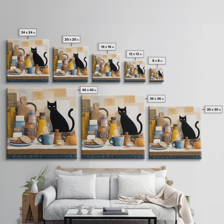 Black Cat Beside a Steaming Cup Framed Canvas Print, Coffee Shop Art, Gallery Decor, Cafe Decor, Fine Art, Cafe, Wall Art, CSA-1x1-62