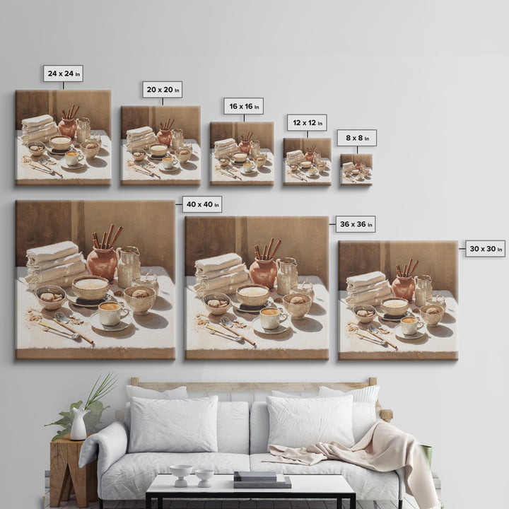 Cinnamon Sticks and Cappuccino Foam Still Life Framed Canvas Print, Coffee Shop Art, Minimalist Wall Art, Cafe Decor, CSA-1x1-72