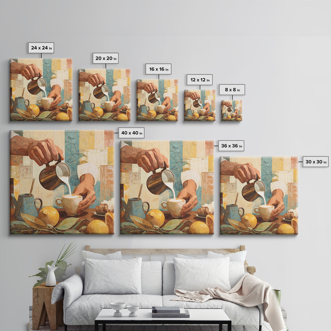 Barista Hands Pouring Milk into Espresso Framed Canvas Print, Coffee Shop Art, Wall Art, Cafe Decor, Oil Painting, Cafe, CSA-1x1-93