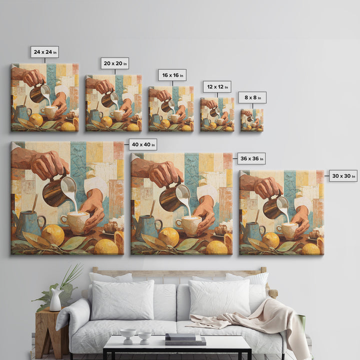Barista Hands Pouring Milk into Espresso Framed Canvas Print, Coffee Shop Art, Wall Art, Cafe Decor, Oil Painting, Cafe, CSA-1x1-93