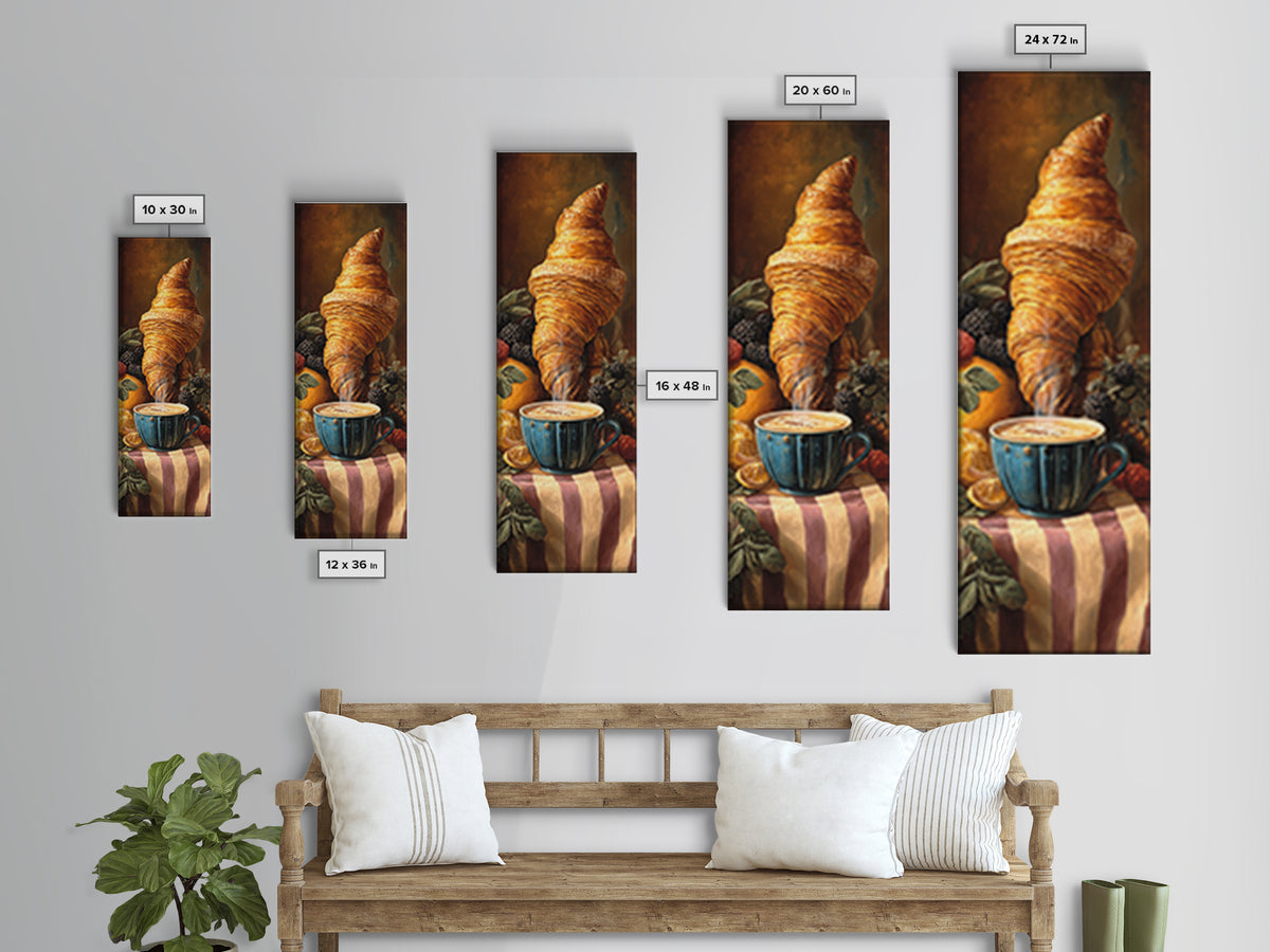 Croissant and Cappuccino on Striped Cloth Canvas Print, Coffee Shop Art, Moody Wall Art, Cafe Decor, Cafe, Luxury Decor, CSA-1x3-41