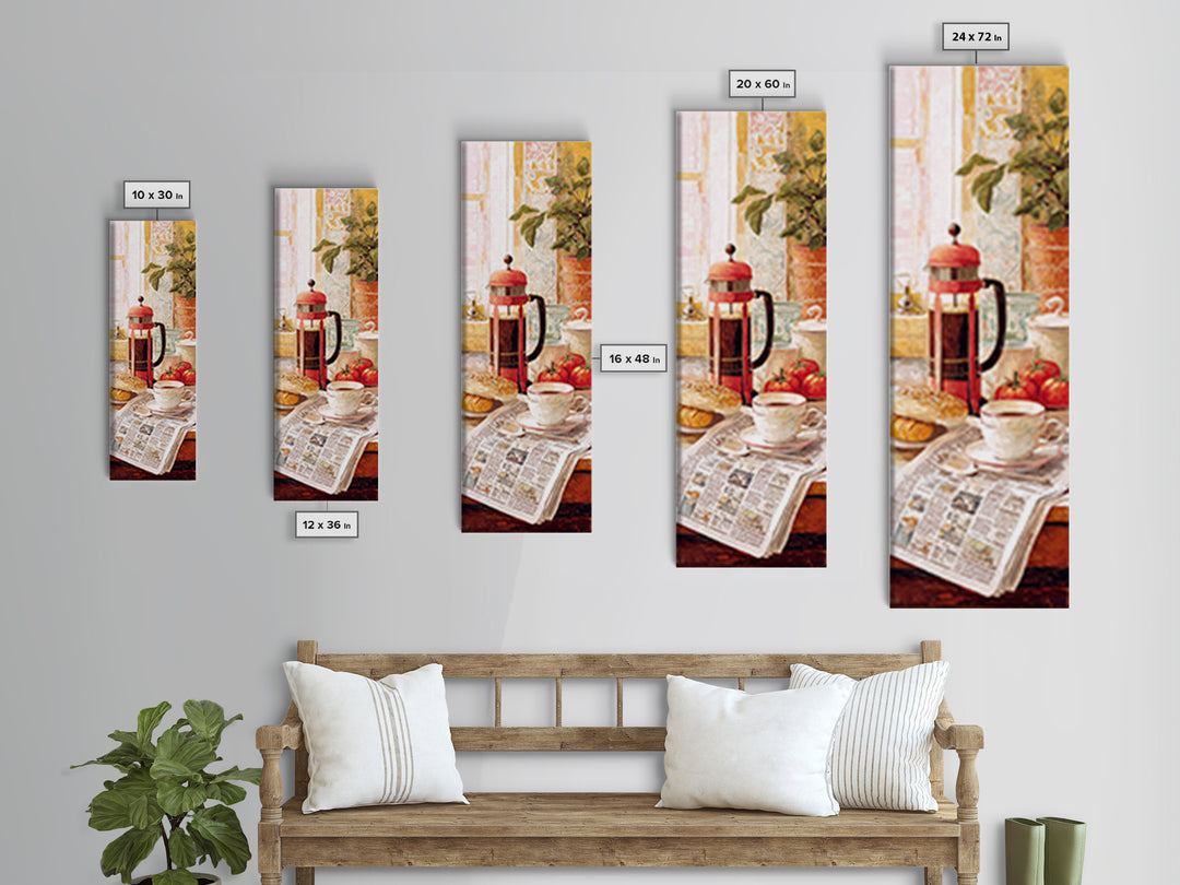 French Press and Morning Newspaper Without Readable Framed Canvas Print, Coffee Shop Art, Modern Decor, Cafe Decor, Cafe, CSA-1x3-46