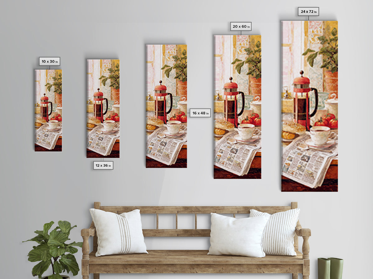 French Press and Morning Newspaper Without Readable Framed Canvas Print, Coffee Shop Art, Modern Decor, Cafe Decor, Cafe, CSA-1x3-46