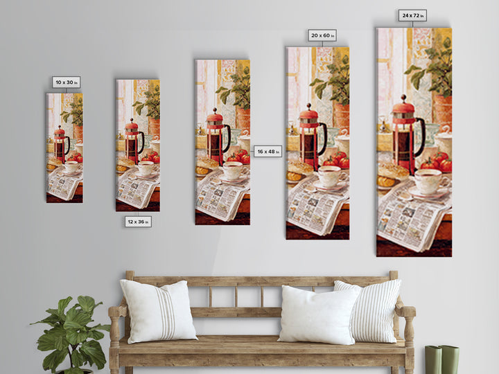 French Press and Morning Newspaper Without Readable Framed Canvas Print, Coffee Shop Art, Modern Decor, Cafe Decor, Cafe, CSA-1x3-46