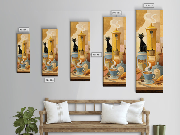 Black Cat Beside a Steaming Cup Framed Canvas Print, Coffee Shop Art, Fine Art Print, Cafe Decor, Fine Art, Cafe, Printable, CSA-1x3-50