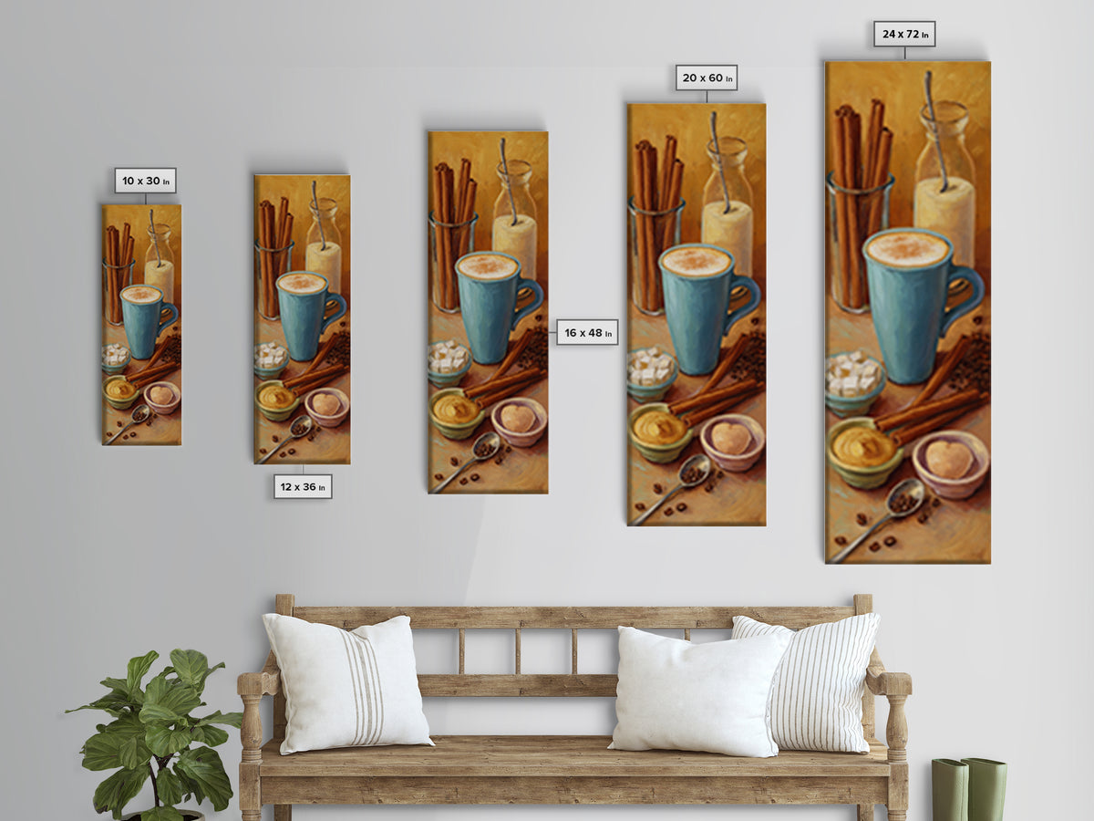 Cinnamon Sticks and Cappuccino Foam Still Life Framed Canvas Print, Coffee Shop Art, Dopamine Decor, Cafe Decor, Fine Art, Cafe, CSA-1x3-84