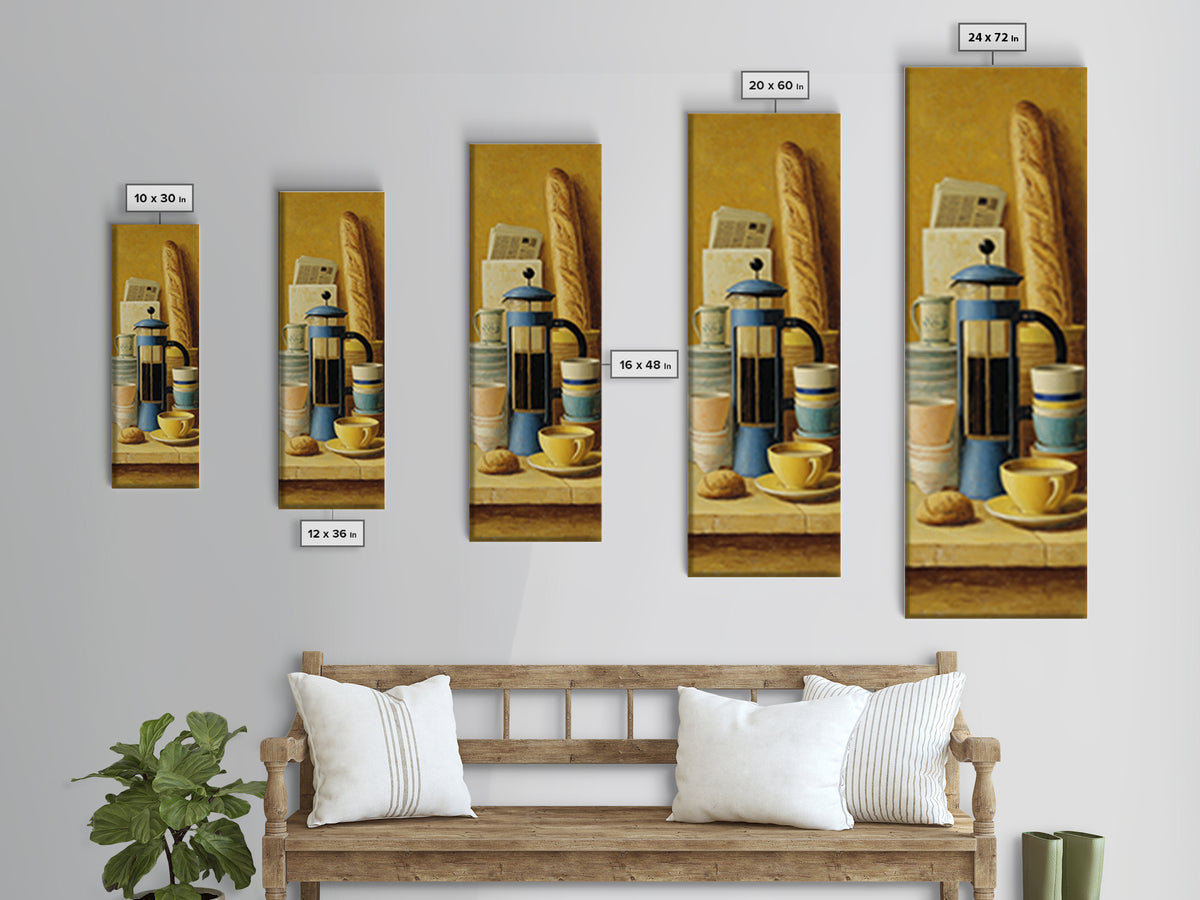 French Press and Morning Newspaper Without Readable Canvas Print, Coffee Shop Art, Room Decor, Cafe Decor, Fine Art, Cafe, CSA-1x3-94