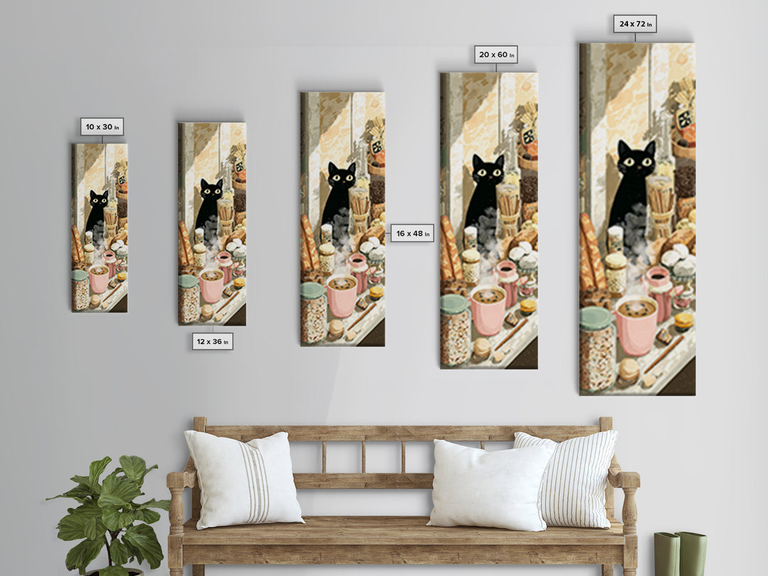 Black Cat Beside a Steaming Cup Canvas Print, Coffee Shop Art, Textured Painting, Cafe Decor, Fine Art, Cafe, Kitchen Decor, CSA-1x3-98