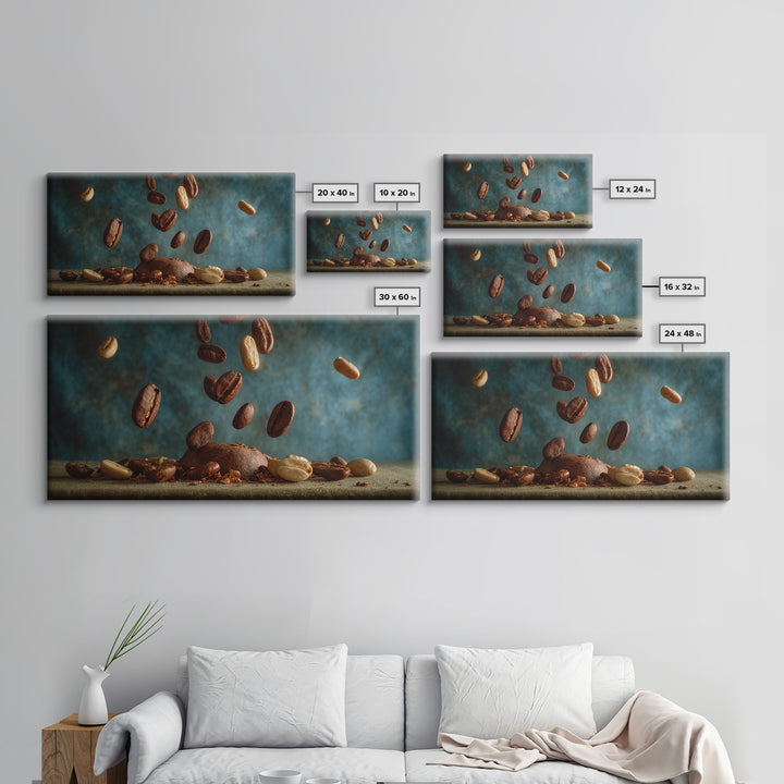 Roasted Beans Falling Through Dark Space Framed Canvas Print, Coffee Shop Art, Wall Decor, Cafe Decor, Fine Art, Cafe, CSA-2x1-40