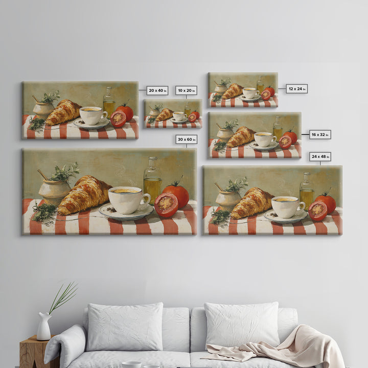 Croissant and Cappuccino on Striped Cloth Canvas Print, Coffee Shop Art, Kitchen Art, Cafe Decor, Cafe, Minimalist Wall Art, CSA-2x1-49