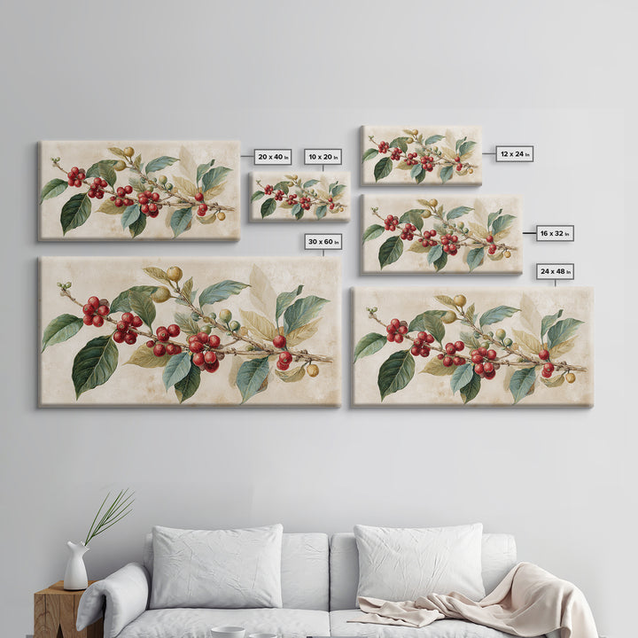 Botanical Coffee Plant Branch Framed Canvas Print, Coffee Shop Art, Coffee, Cafe Decor, Oil Painting, Cafe, Living Room Decor, CSA-2x1-50