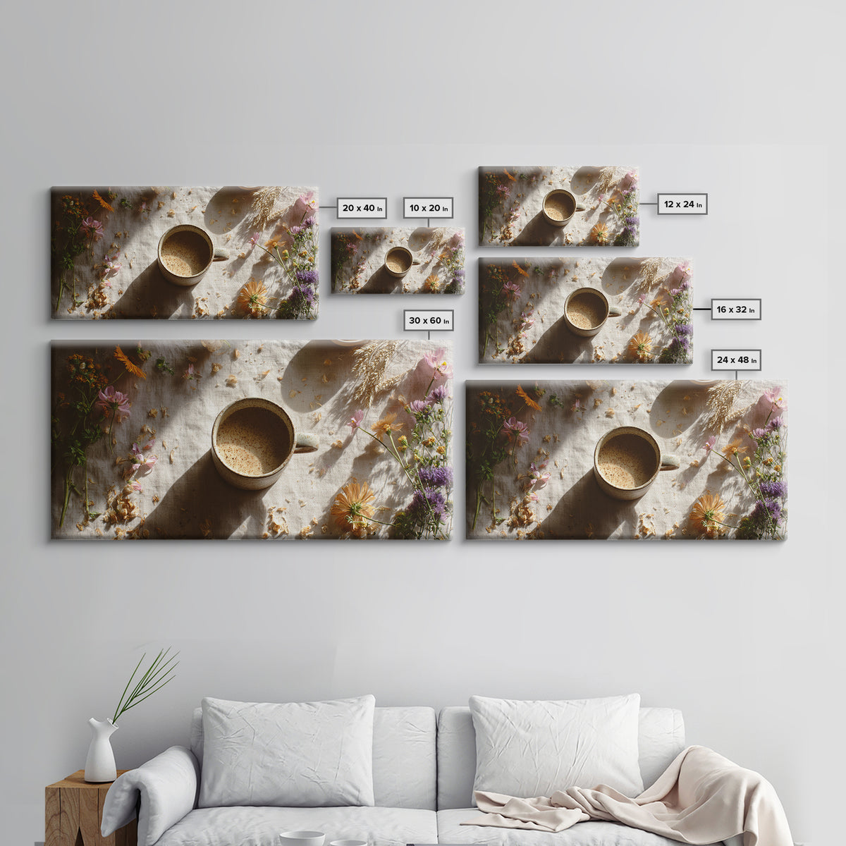 Ceramic Mug with Wildflowers Around It Framed Canvas Print, Coffee Shop Art, Digital Wall Art, Cafe Decor, Fine Art, Cafe, CSA-2x1-60