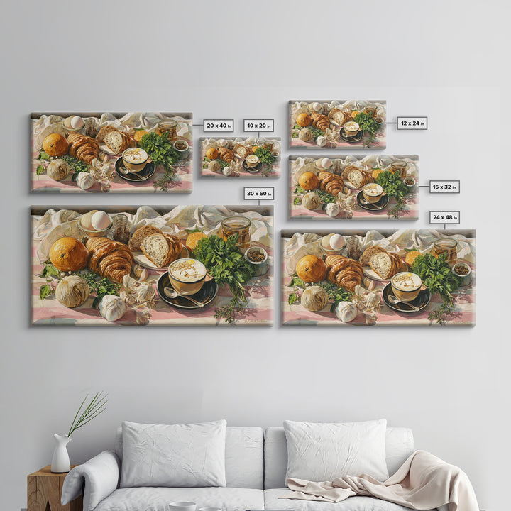 Croissant and Cappuccino on Striped Cloth Canvas Print, Coffee Shop Art, Kitchen Art, Cafe Decor, Cafe, Minimalist Wall Art, CSA-2x1-73