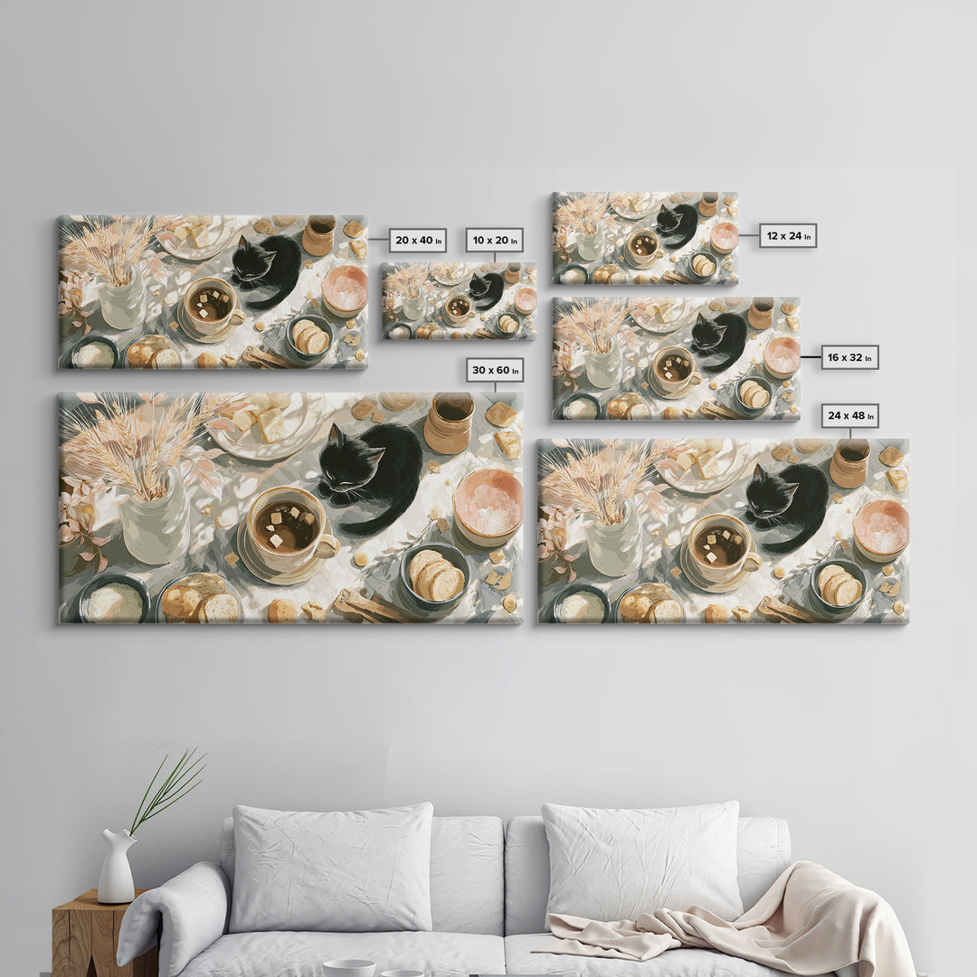 Black Cat Beside a Steaming Cup Canvas Print, Coffee Shop Art, Printable, Cafe Decor, Fine Art, Cafe, Dopamine Decor, CSA-2x1-82
