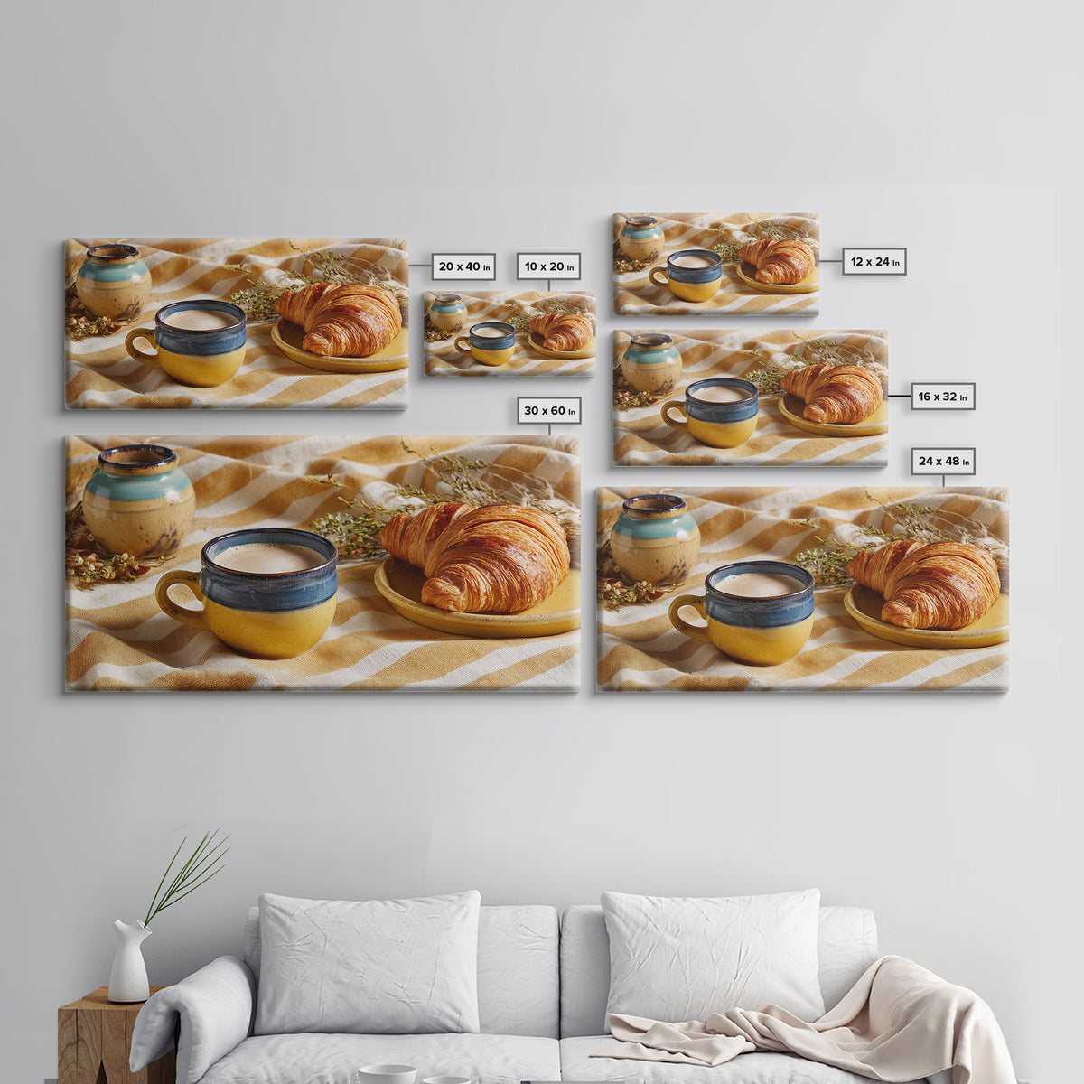 Croissant and Cappuccino on Striped Cloth Framed Canvas Print, Coffee Shop Art, Canvas Print, Cafe Decor, Fine Art, Cafe, CSA-2x1-97