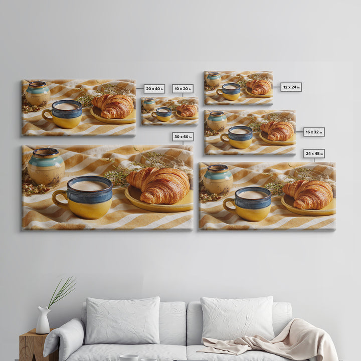 Croissant and Cappuccino on Striped Cloth Framed Canvas Print, Coffee Shop Art, Canvas Print, Cafe Decor, Fine Art, Cafe, CSA-2x1-97