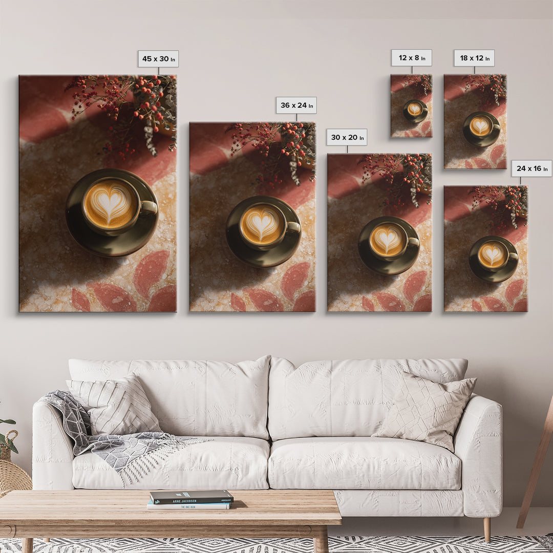 Latte Art Heart Seen from Above Framed Canvas Print, Coffee Shop Art, Digital Wall Art, Cafe Decor, Oil Painting, Cafe, CSA-2x3-12
