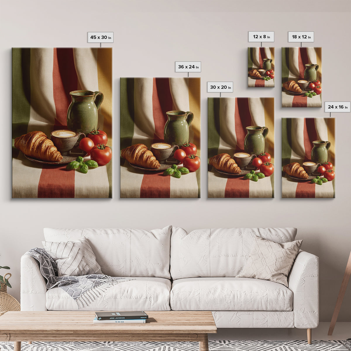 Croissant and Cappuccino on Striped Cloth Framed Canvas Print, Coffee Shop Art, Kitchen Wall Art, Cafe Decor, Fine Art, Cafe, CSA-2x3-37